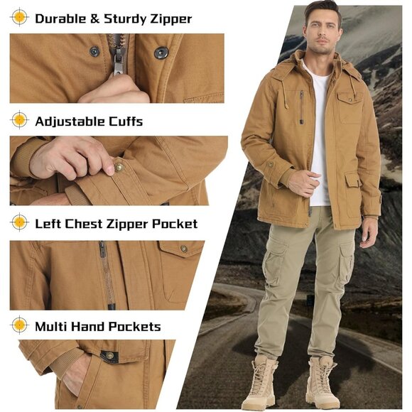 Mens Khaki Thick Winter Jacket Hooded Fleece Lined Cotton Military Coat - Picture 4 of 6
